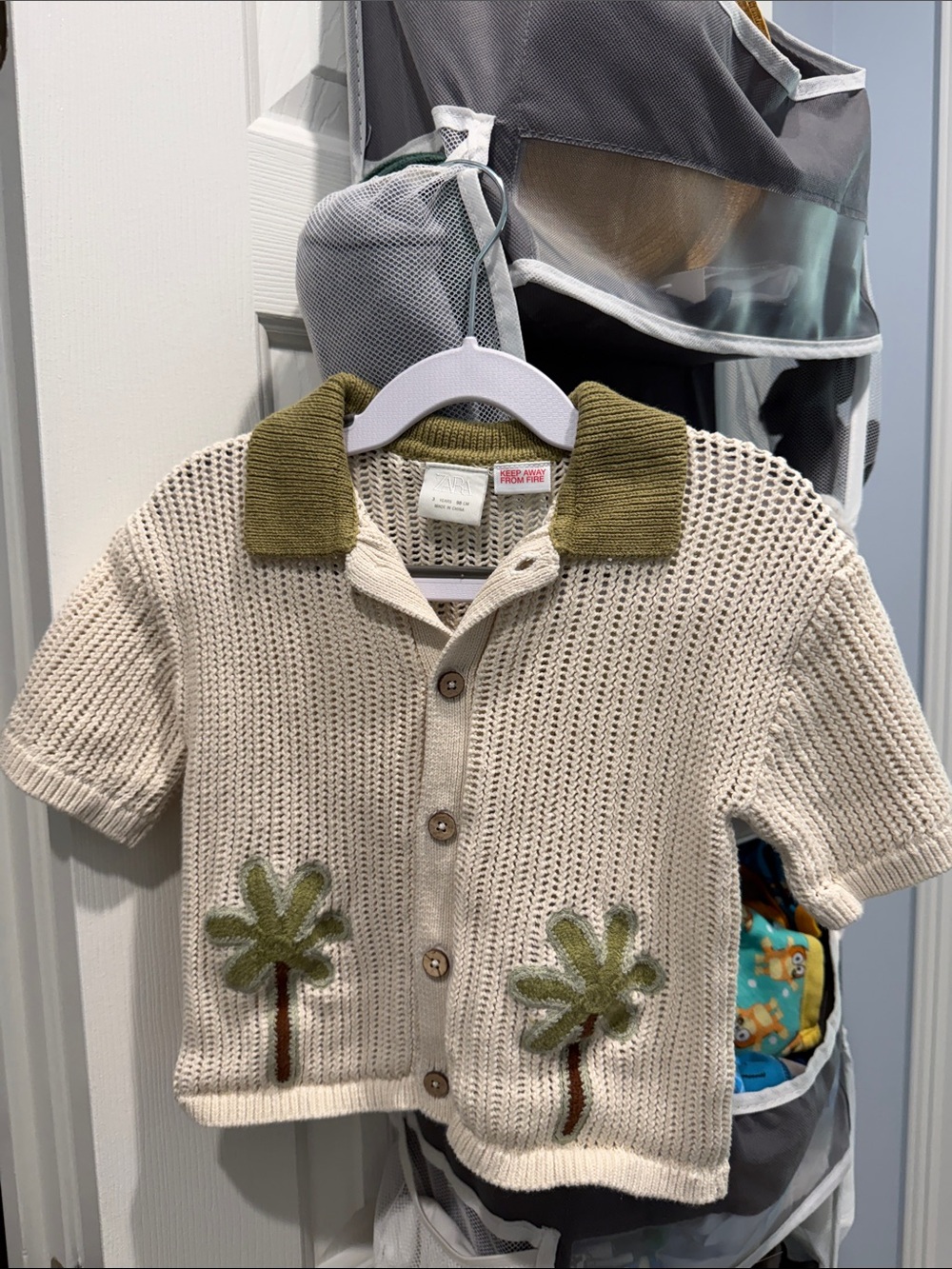 Zara Cream Knit Polo Cardigan with Olive Collar and Green Palm Appliqués